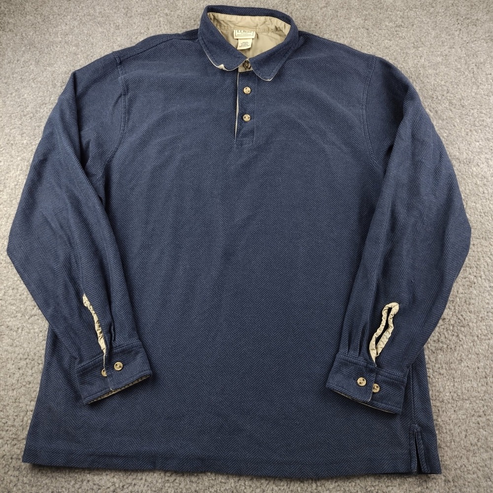 LL Bean Cotton Polo Shirt Mens Large Tall Herringbone Navy Blue Long Sleeve